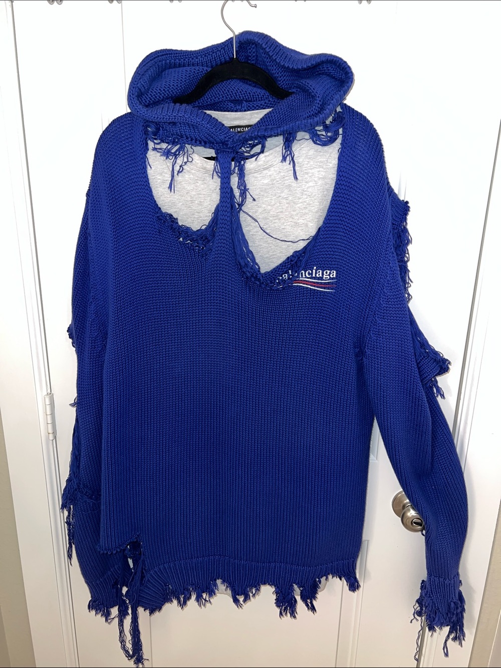 Balenciaga Women’s Distressed Cobalt Blue Hooded Sweater